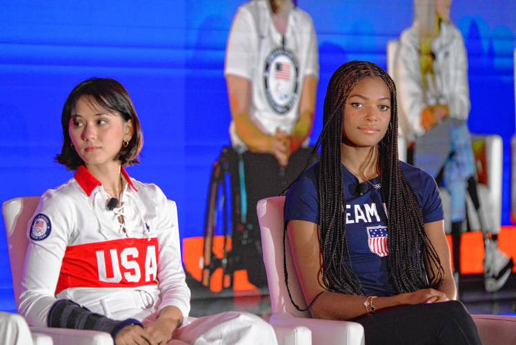 Florence’s Gabby Thomas (right), seen sitting next to Team USA fencer Lee Keifer at the Team USA Media Summit in New York City on Tuesday, is gearing up for the track and field Olympic qualifiers coming in June.