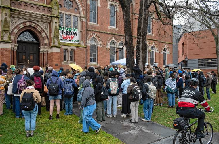 Smith College students during a rally after occupying College Hall as part of a protest demanding divestment from military contractors held Thursday afternoon, March 28, 2024.