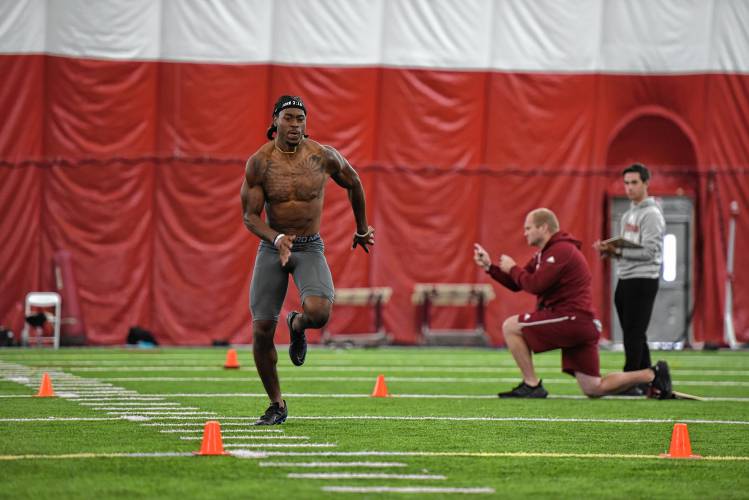 Jalon Ferrell runs the 40-yard dash during UMass’ Pro Day on Tuesday afternoon in Amherst.