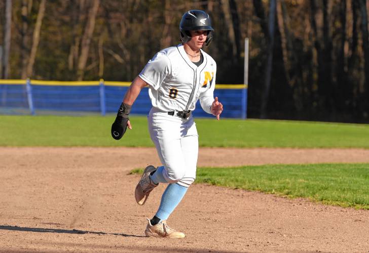 Northampton’s Aiden Keeling-Lococo (8) heads for third base during the Blue Devils’ game against Chicopee on Monday in Northampton.