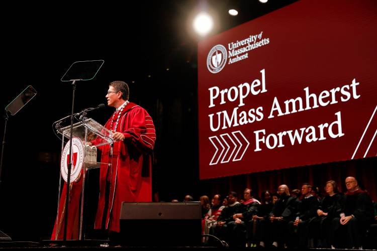 Javier Reyes speaks during the inauguration ceremony as the 31st leader of the University of Massachusetts on Friday at the Mullins Center in Amherst.