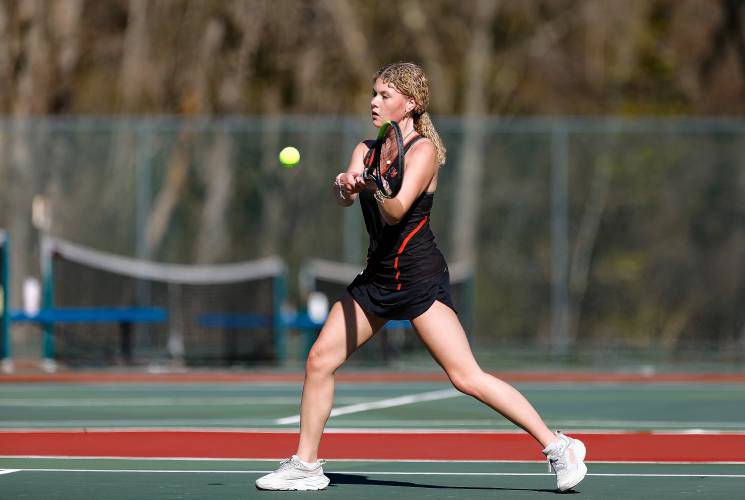 Belchertown’s Amanda Murray returns a volley from South Hadley’s Yanna Stefoglo during their No. 2 singles match Thursday at Mount Holyoke College.
