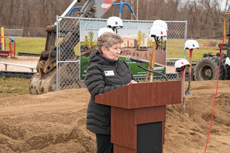 Amherst Town Council President Lynn Griesemer speaks at Tuesday’s groundbreaking.