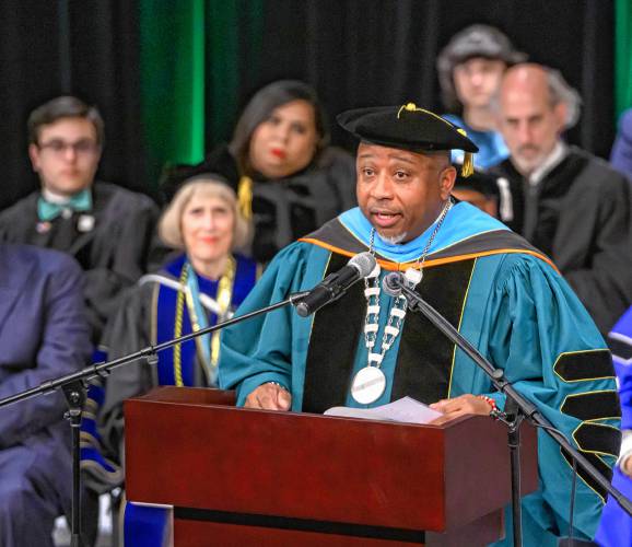 George Timmons speaks after his installation as the fifth president of Holyoke Community College during an inauguration ceremony in Holyoke on Friday, April 19, 2024.
