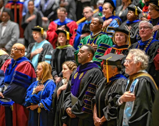 Academic colleagues attend George Timmons’ installion as the fifth president of Holyoke Community College during an inauguration ceremony in Holyoke on Friday, April 19, 2024.