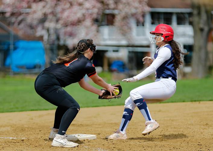 South Hadley third baseman Grace Matyszewski (11) tags out Frontier baserunner Gabrielle Adams (4) in the top of the second inning of the Tigers’ 5-4 victory on Friday in South Hadley.