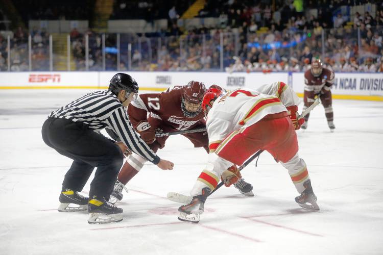 UMass forward Lucas Vanroboys (12) faces off against Denver’s Aidan Thompson (7) in the third period of the opening round of the NCAA tournament Friday at the MassMutual Center in Springfield.