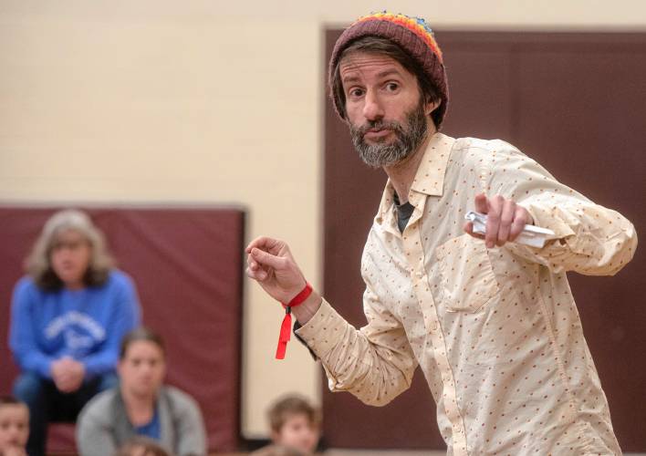 Jonathan Mirin, of the Piti Theatre Company, runs a improvisation performance which was the culmination of a workshop at the New Hingham Elementary School in Chesterfield.