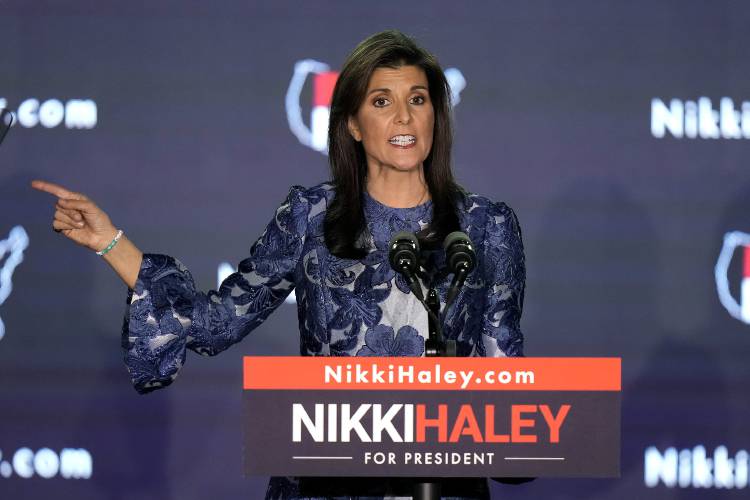 Republican presidential candidate former UN Ambassador Nikki Haley speaks at a New Hampshire primary night rally, in Concord, N.H., Tuesday Jan. 23, 2024.