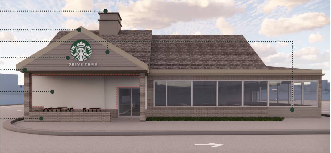 A rendering of the proposed Starbucks store contained in the company’s site plan review application for 200 Mohawk Trail.