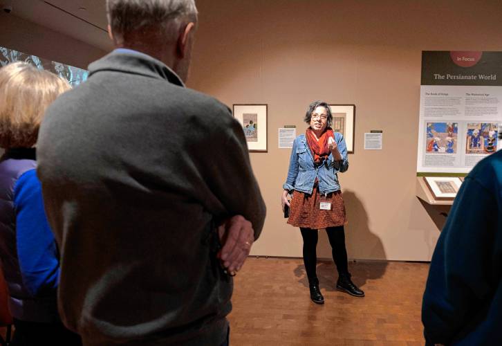 Amherst College professor Yael R. Rice, who specializes in the art and architecture of South Asia and Greater Iran, speaks during a recent tour of “Painting the Persianate World,” a new exhibit at the Smith College Museum of Art.