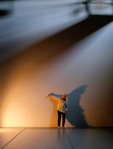 Dancer Andrea Olsen rehearses in the Workroom Theater at 33 Hawley in Northampton.