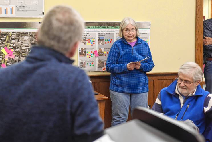 Deerfield resident Sherry Morgan, right, asks a question of Rep. Jeffrey Roy, D-Franklin, House chair of the Telecommunications, Utilities and Energy Committee, at the Sunderland Public Library on Friday.