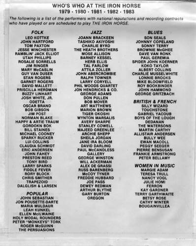 A “who’s who” list of who played at the Iron Horse during the venue’s first five years, from 1979 through 1983. 