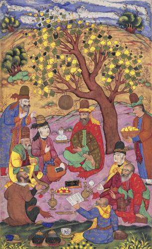 “A Gathering of Muslim Mystics (Sufis),” circa 1640s. Opaque watercolor, ink, and gold on paper, attributed to Iranian artist Muhammad ‘Ali. 