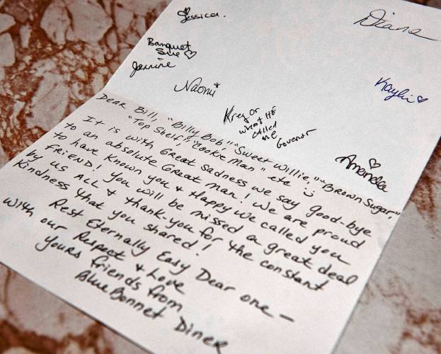 A letter written to Bill Hairston by the staff at Bluebonnet Diner where he ate most days. Hairston, a longtime counselor at the Veterans Administration in Leeds, died March 22 at the age of 86. 