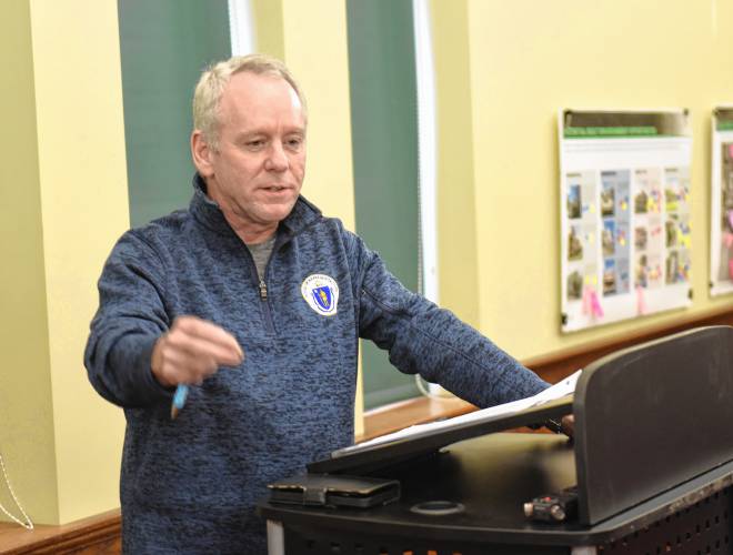 Rep. Jeffrey Roy, D-Franklin, House chair of the Telecommunications, Utilities and Energy Committee, speaks to those gathered at the Sunderland Public Library on Friday for a discussion sponsored by Rep. Natalie Blais, D-Deerfield. 