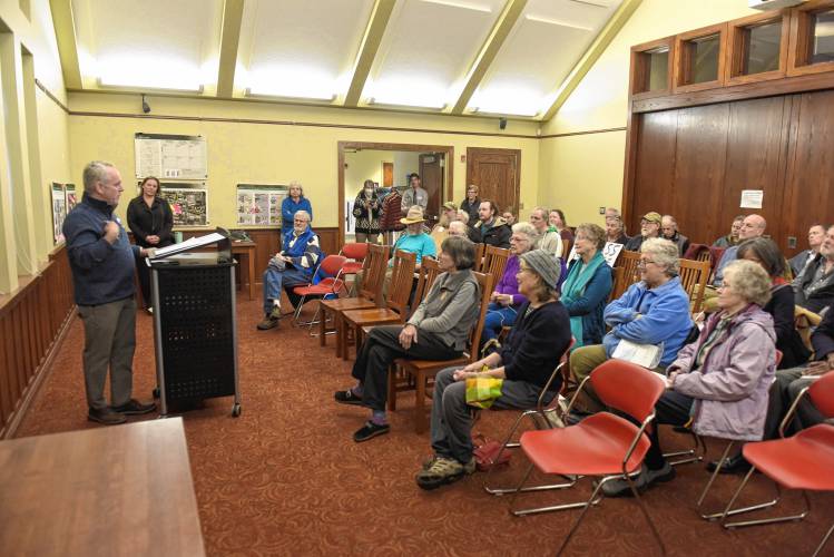 Rep. Jeffrey Roy, D-Franklin, House chair of the Telecommunications, Utilities and Energy Committee, speaks to those gathered at the Sunderland Public Library on Friday for a discussion sponsored by Rep. Natalie Blais, D-Deerfield.