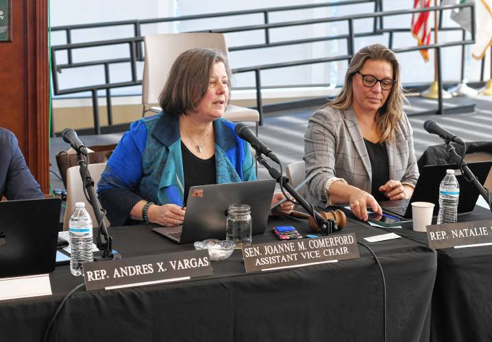 Sen. Jo Comerford and Rep. Natalie Blais at a budget hearing of the Joint Committee on Ways and Means held at Greenfield Community College on Friday. 