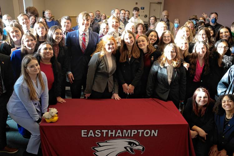 Members of the Easthampton High School’s We the People team celebrate another victory at the state competition.