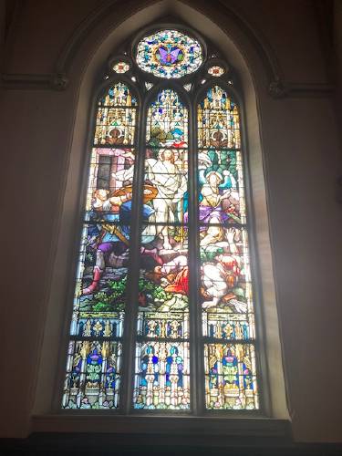 A stained-glass window at the closed St. Mary of the Assumption Church in Northampton. 